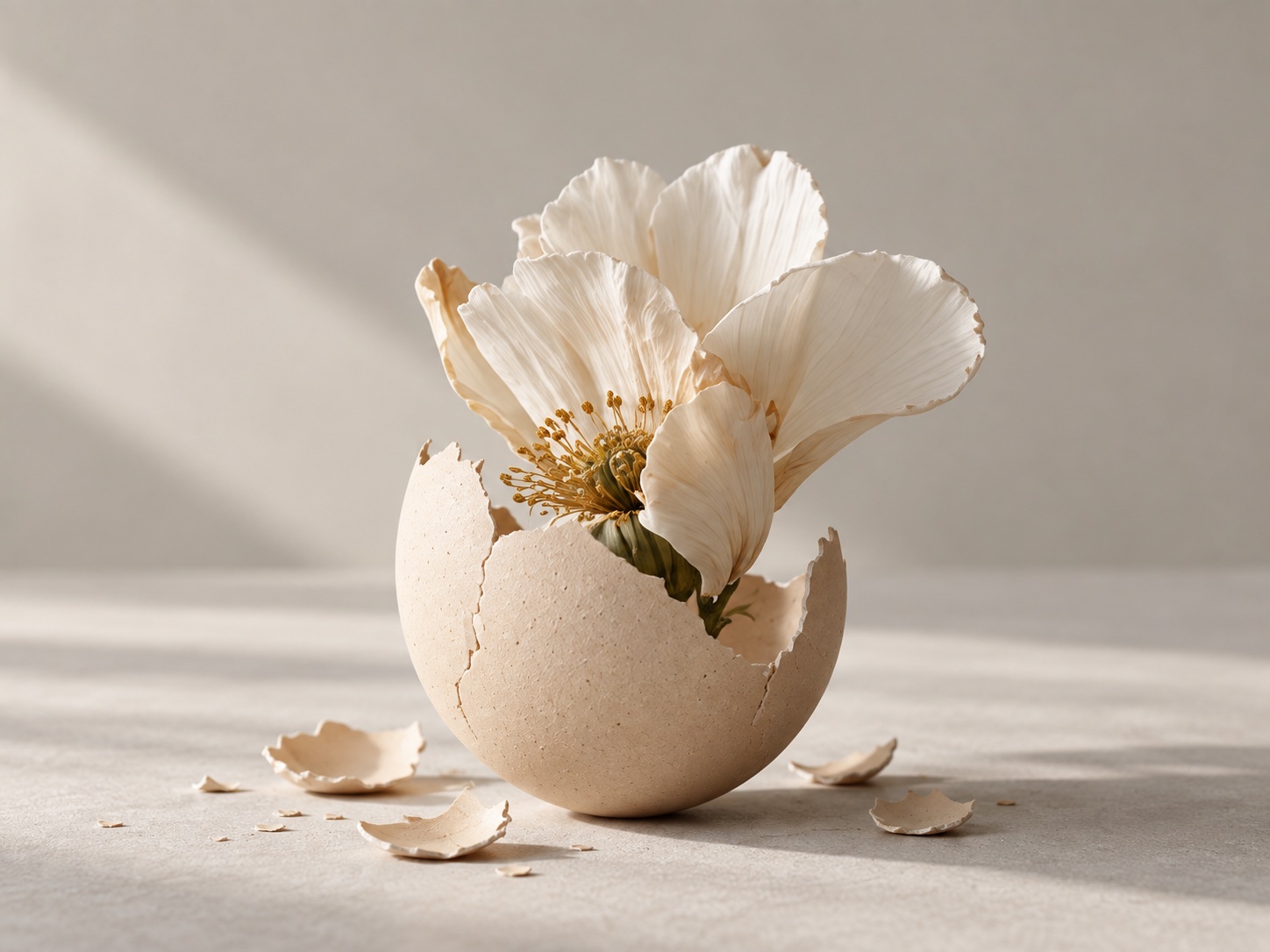 An imagined white flower emerging from a broken eggshell
