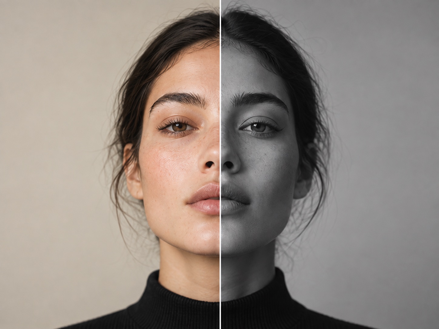 A portrait split between color and black and white