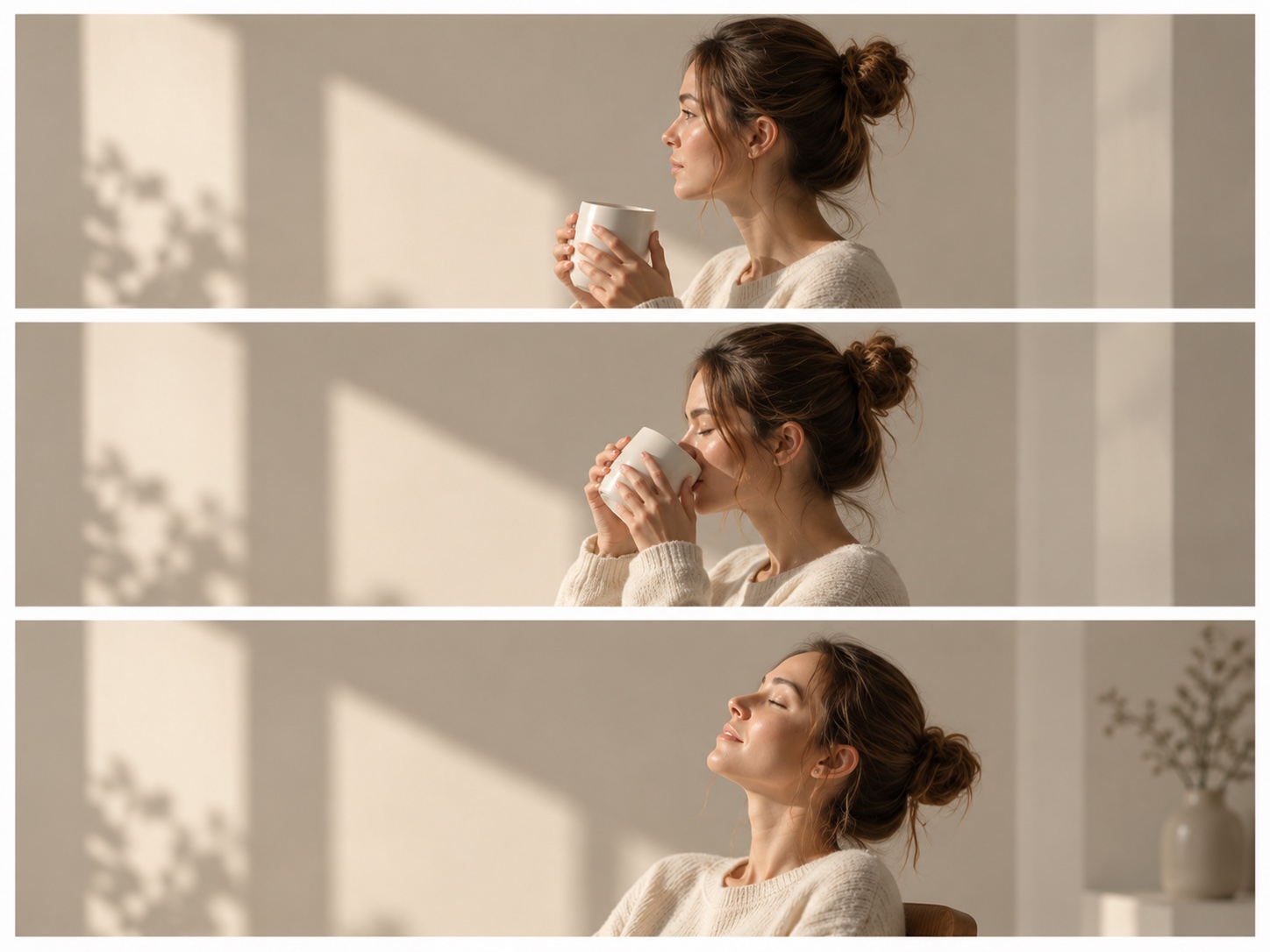 Three connected lifestyle frames of a woman drinking coffee